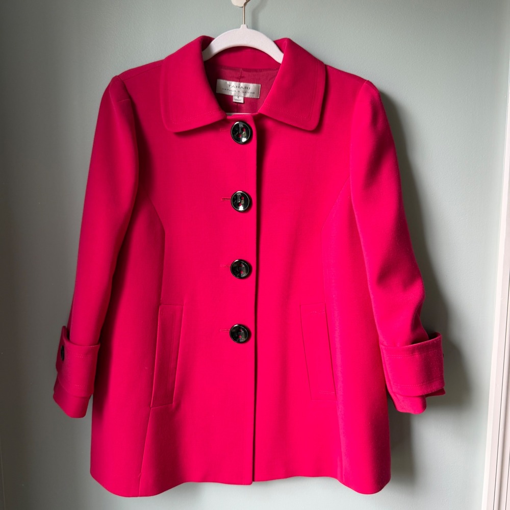 Tahari Arther S. Levine Coat Jacket Fushia Pink Button Front Pockets Size 6